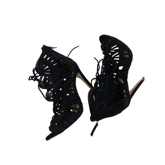Zara Lace-Up Peep Toe Black Stiletto Heels With Cut-Out Design - Picture 5 of 6
